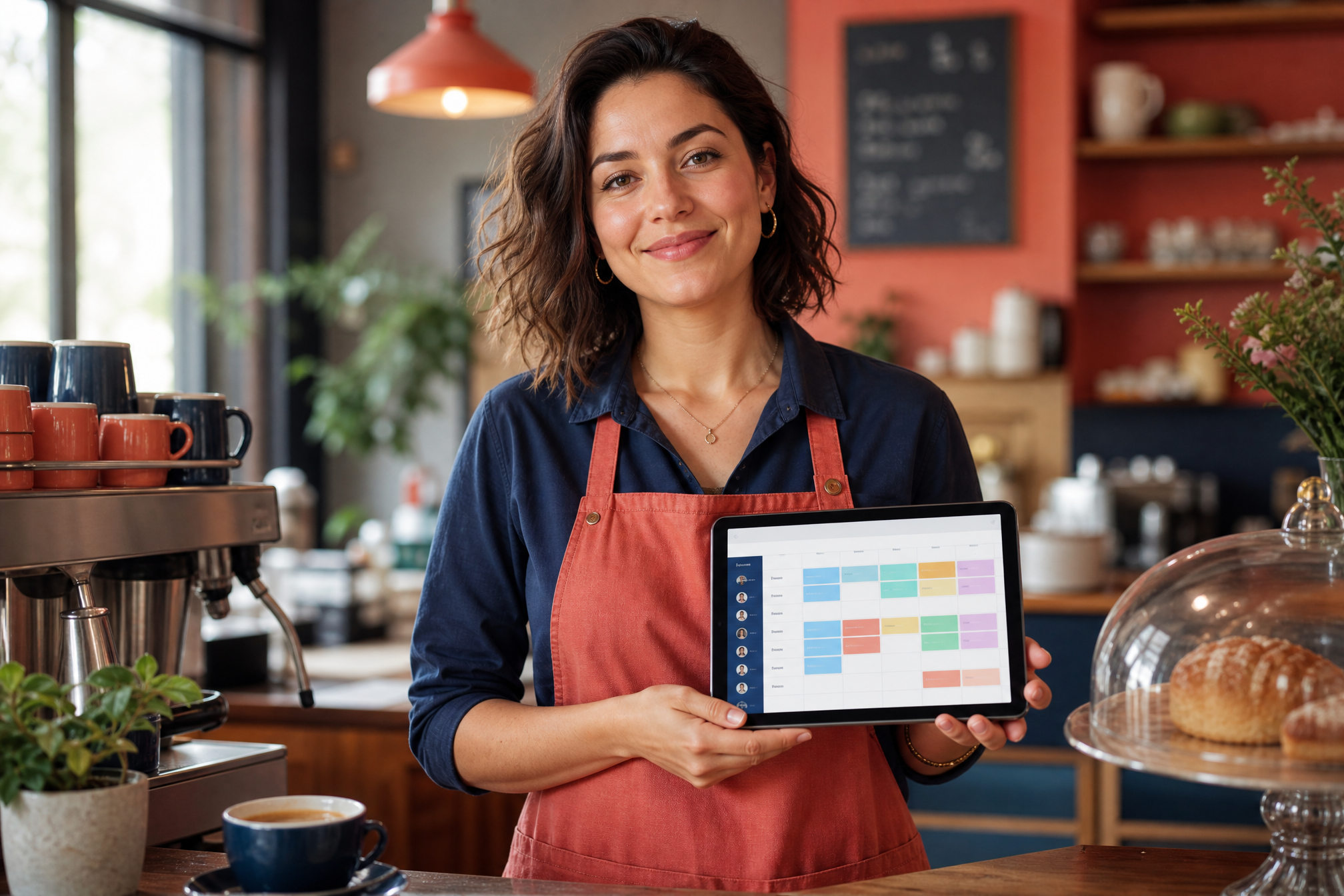 A small café manager reviewing this week's rota on a tablet